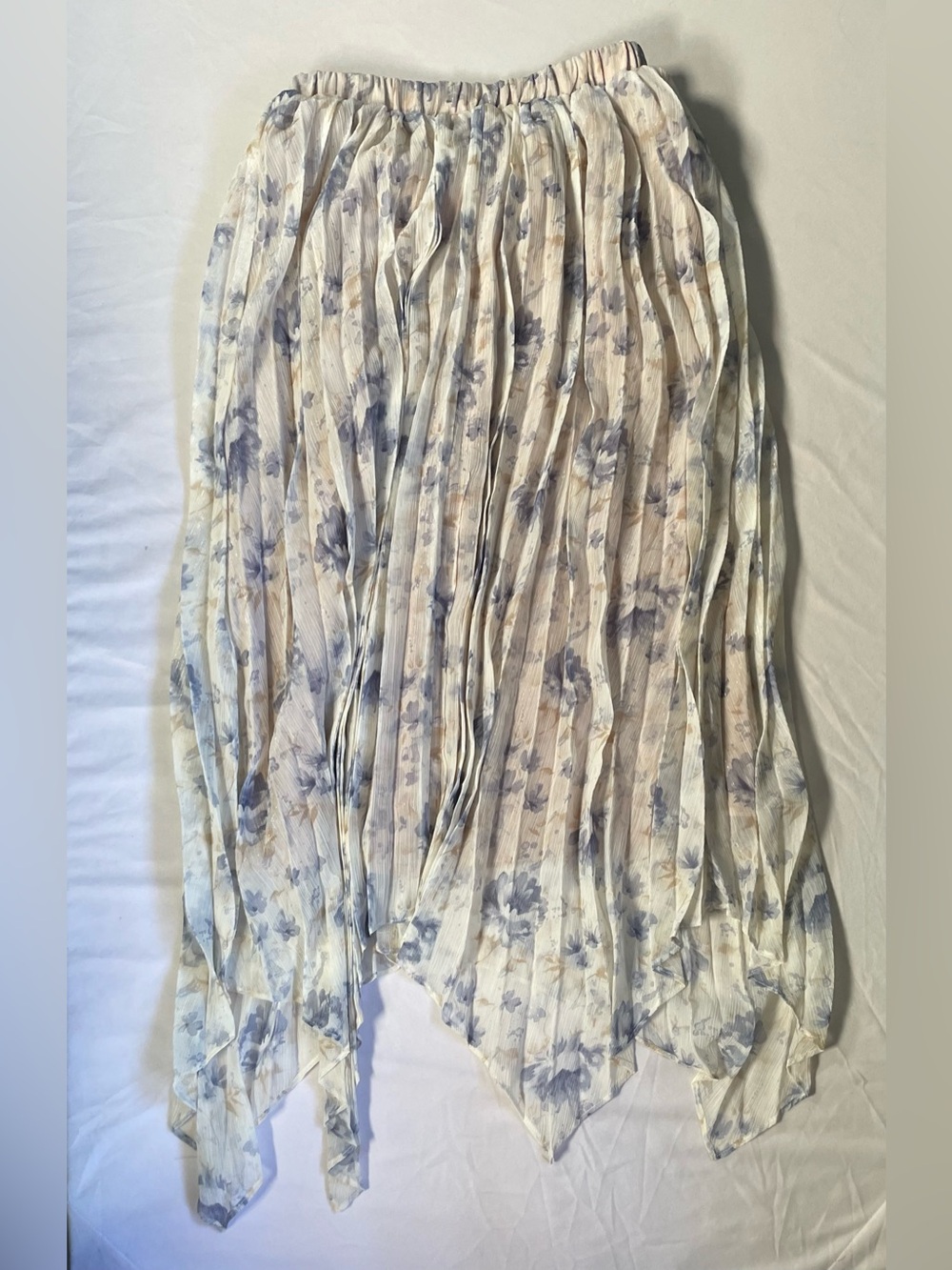 En Saison Womens Midi Skirt XS Ivory Blue Floral Chiffon Pleated Fairycore